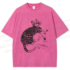 Unisex Cat Lying With High Heels Vintage Sketch Printed Washed Tee
