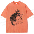 Unisex Cat Lying With High Heels Vintage Sketch Printed Washed Tee