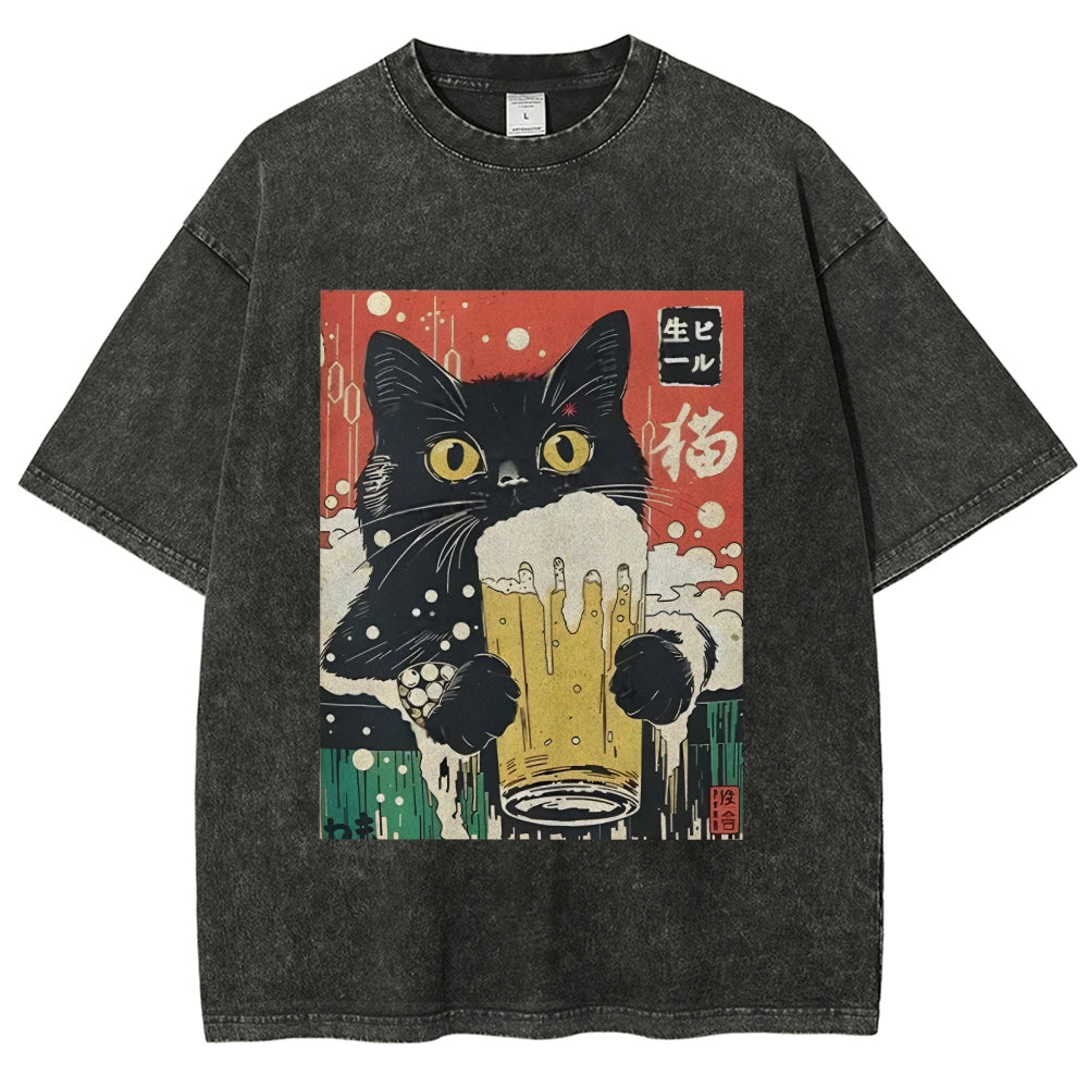 Cat Drinking Beer Funny Washed T-Shirt