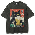 Cat Drinking Beer Funny Washed T-Shirt