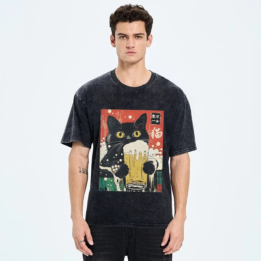 Cat Drinking Beer Funny Washed T-Shirt