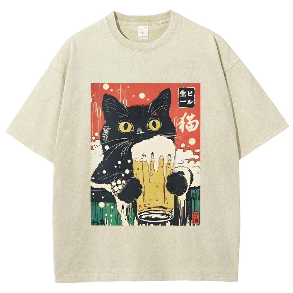Cat Drinking Beer Funny Washed T-Shirt