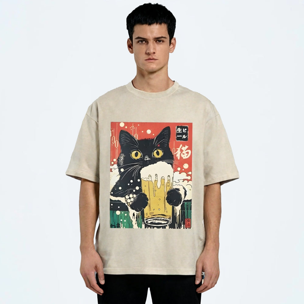 Cat Drinking Beer Funny Washed T-Shirt