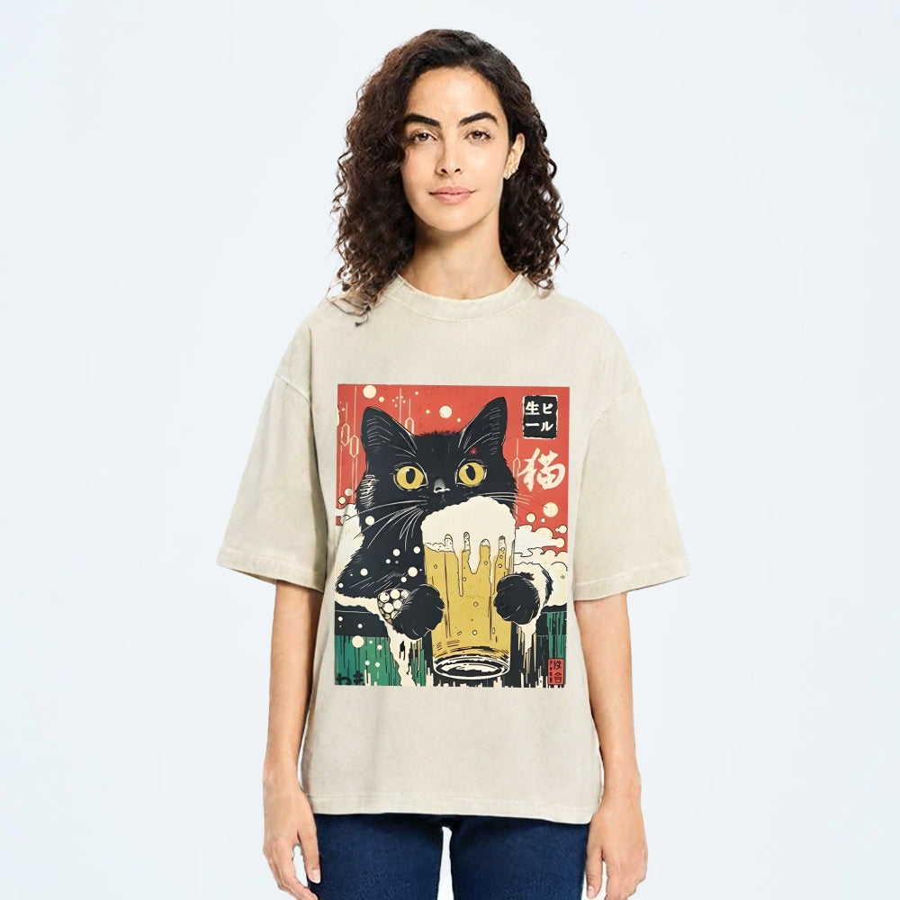 Cat Drinking Beer Funny Washed T-Shirt
