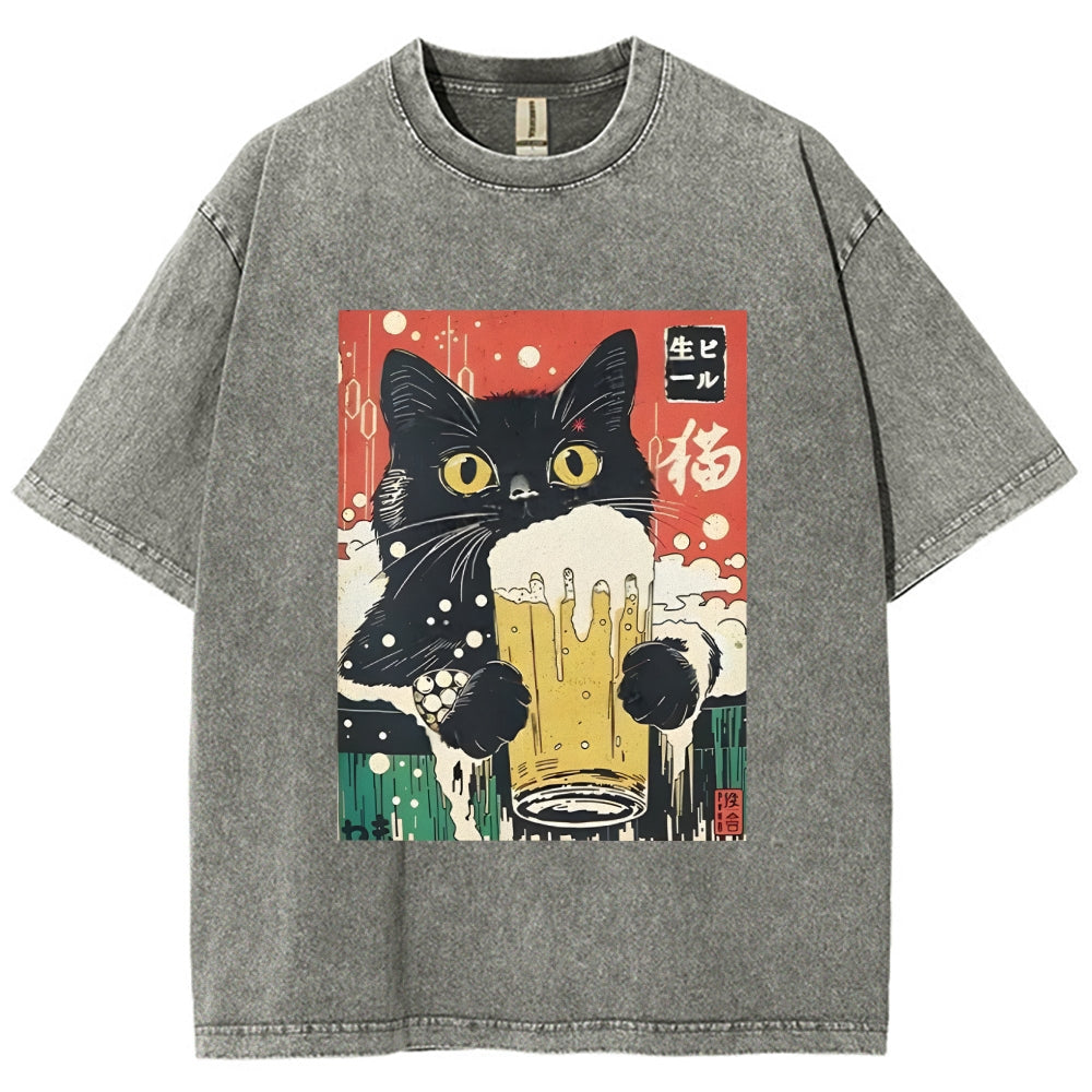 Cat Drinking Beer Funny Washed T-Shirt