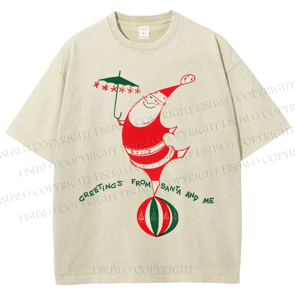 Unisex Greetings From Santa And Me Printed Washed Tee