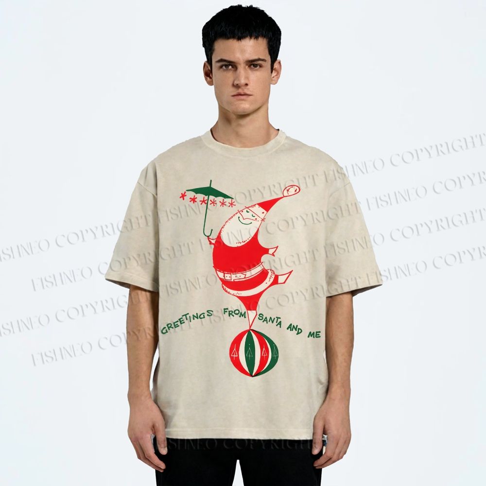 Unisex Greetings From Santa And Me Printed Washed Tee