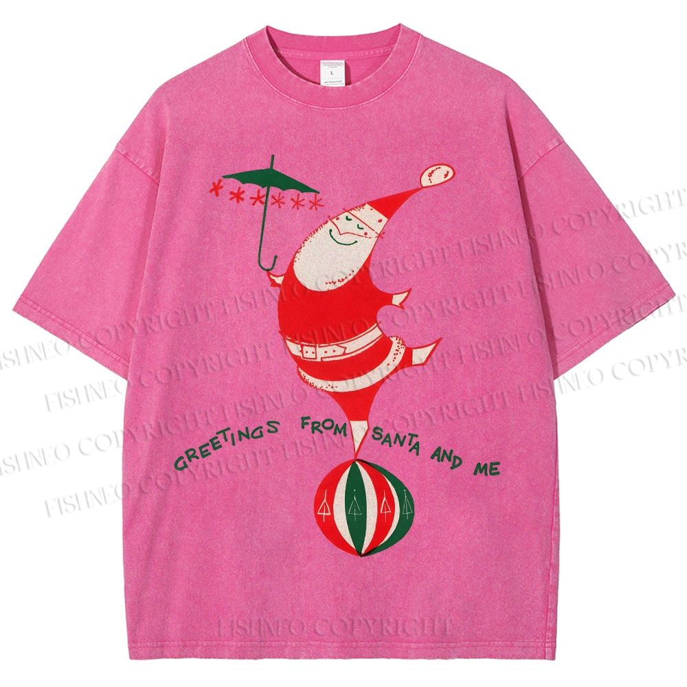 Unisex Greetings From Santa And Me Printed Washed Tee