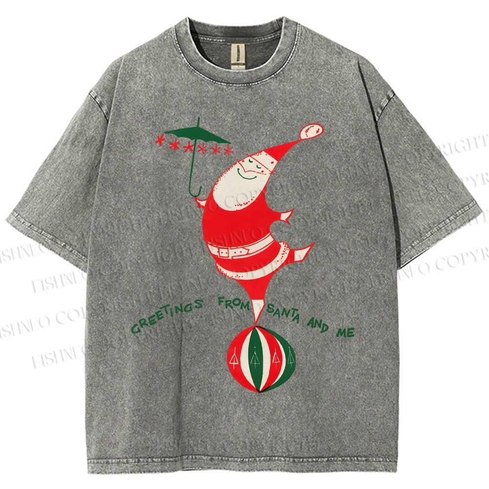 Unisex Greetings From Santa And Me Printed Washed Tee