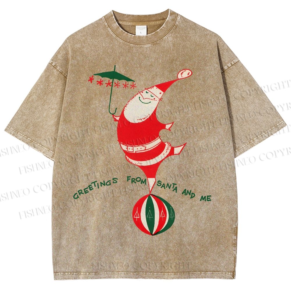 Unisex Greetings From Santa And Me Printed Washed Tee