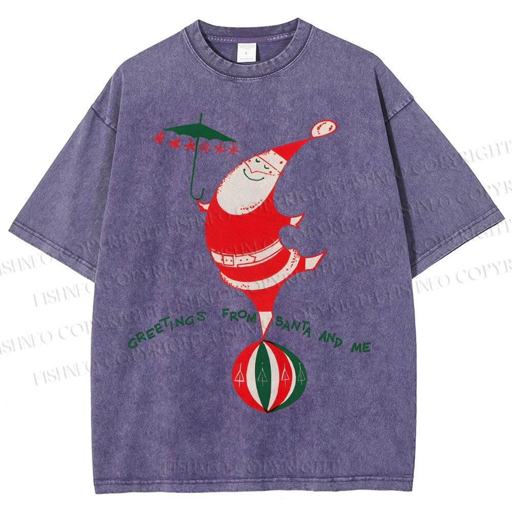 Unisex Greetings From Santa And Me Printed Washed Tee