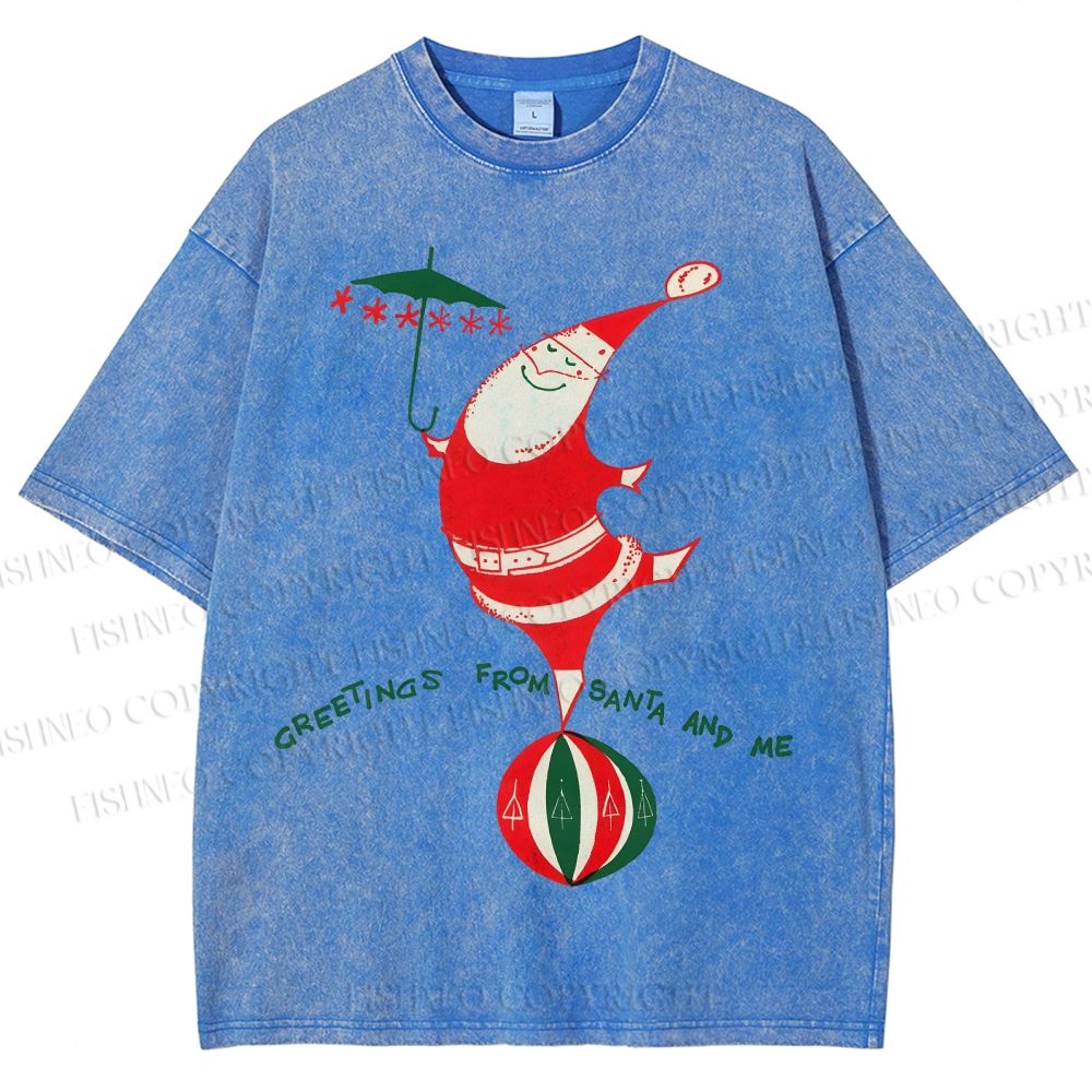 Unisex Greetings From Santa And Me Printed Washed Tee