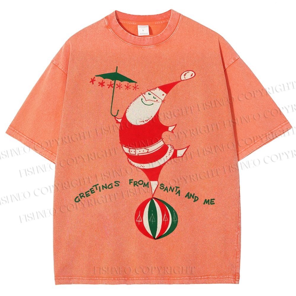 Unisex Greetings From Santa And Me Printed Washed Tee