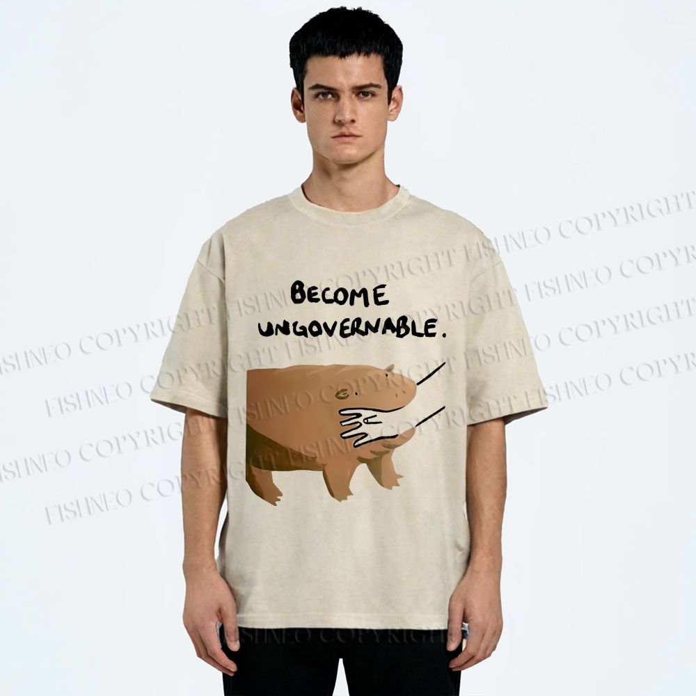 Unisex Silly Hippo Become ungovernable Printed Washed Tee