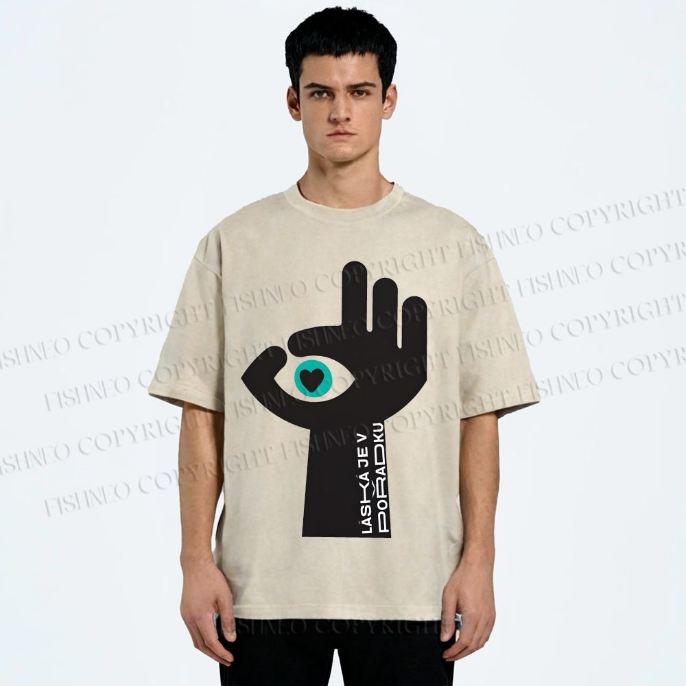 Unisex Abstract Hand Eyes Printed Washed Tee