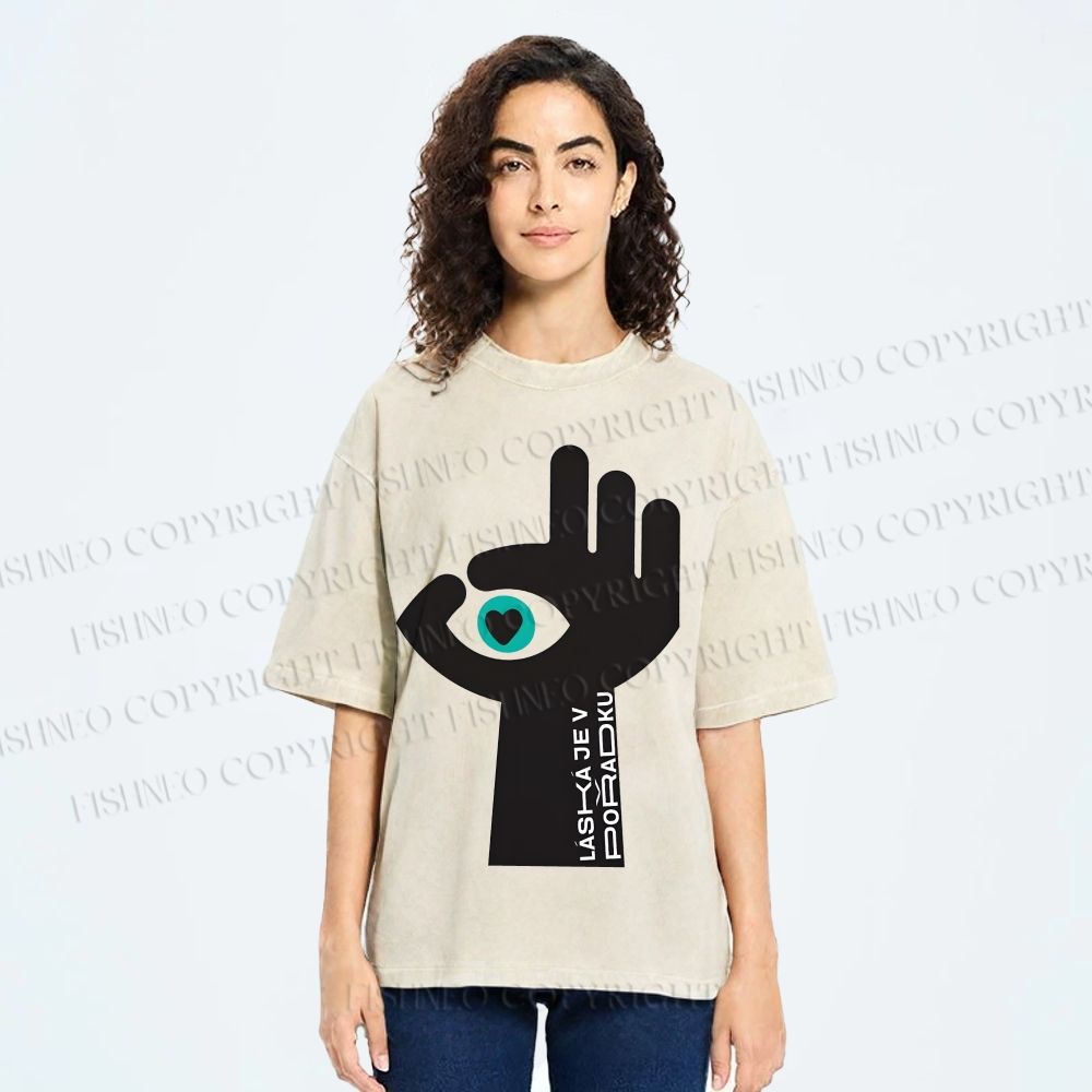 Unisex Abstract Hand Eyes Printed Washed Tee