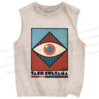 Unisex Vintage Geometric Eyes Printed Washed Tank Top