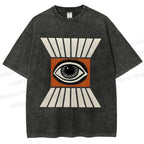 Unisex Vintage Abstract Geometric Eyes Printed Washed Tee