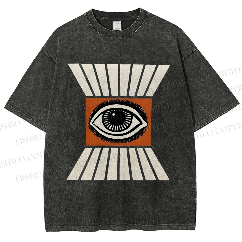 Unisex Vintage Abstract Geometric Eyes Printed Washed Tee