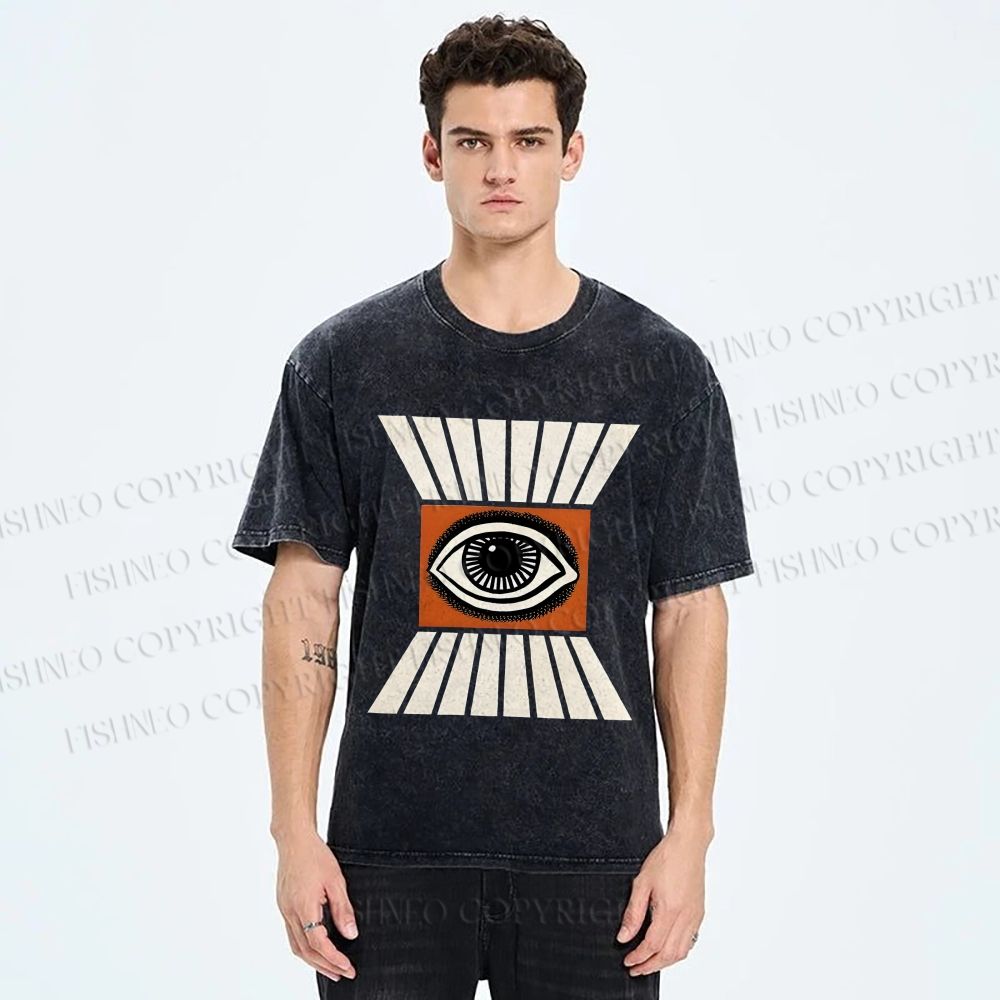 Unisex Vintage Abstract Geometric Eyes Printed Washed Tee