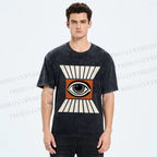 Unisex Vintage Abstract Geometric Eyes Printed Washed Tee