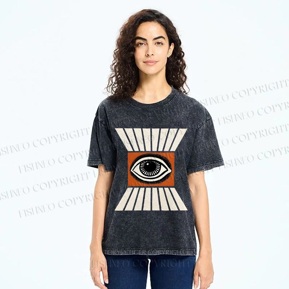 Unisex Vintage Abstract Geometric Eyes Printed Washed Tee