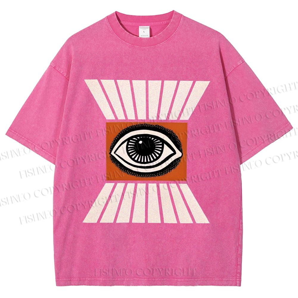 Unisex Vintage Abstract Geometric Eyes Printed Washed Tee