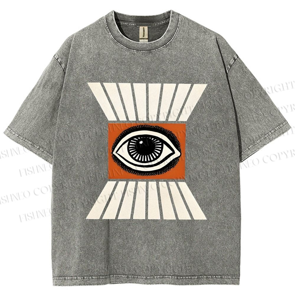 Unisex Vintage Abstract Geometric Eyes Printed Washed Tee