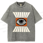 Unisex Vintage Abstract Geometric Eyes Printed Washed Tee