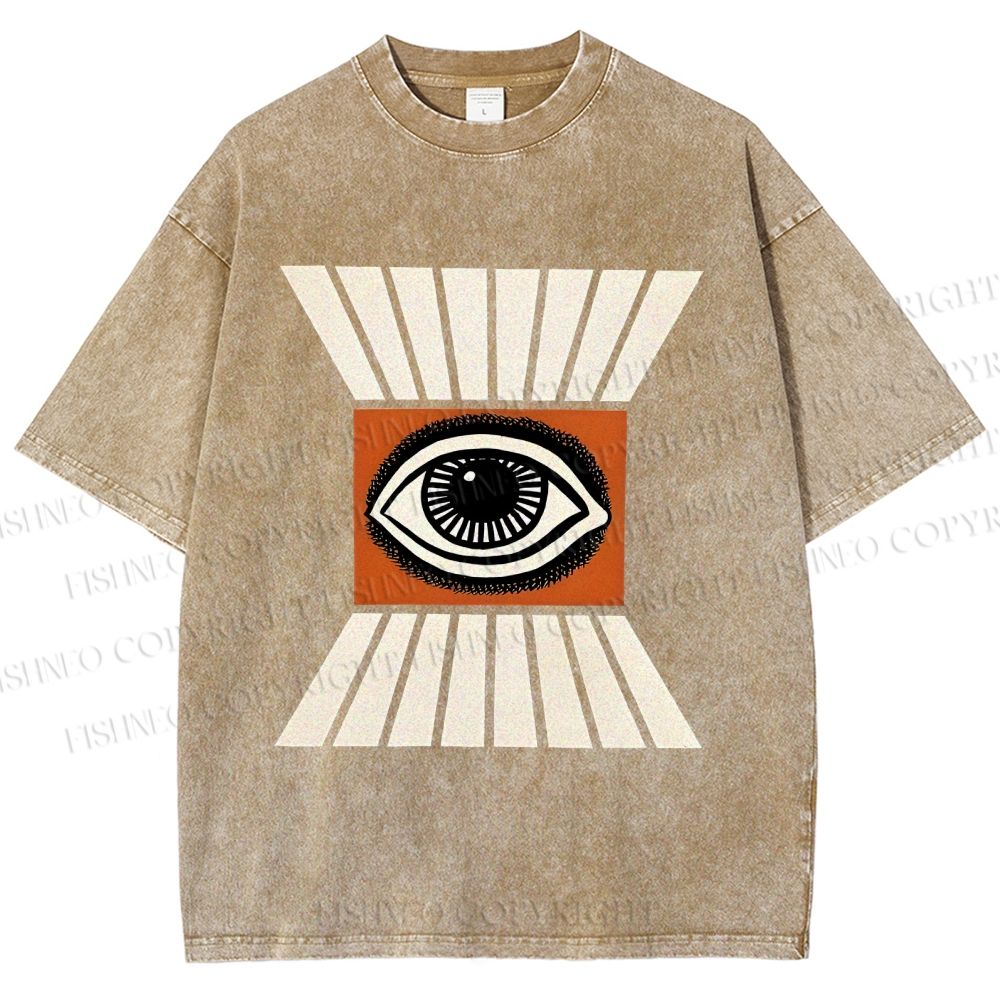 Unisex Vintage Abstract Geometric Eyes Printed Washed Tee
