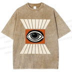 Unisex Vintage Abstract Geometric Eyes Printed Washed Tee