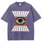 Unisex Vintage Abstract Geometric Eyes Printed Washed Tee
