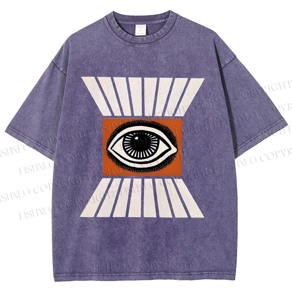 Unisex Vintage Abstract Geometric Eyes Printed Washed Tee