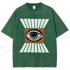 Unisex Vintage Abstract Geometric Eyes Printed Washed Tee
