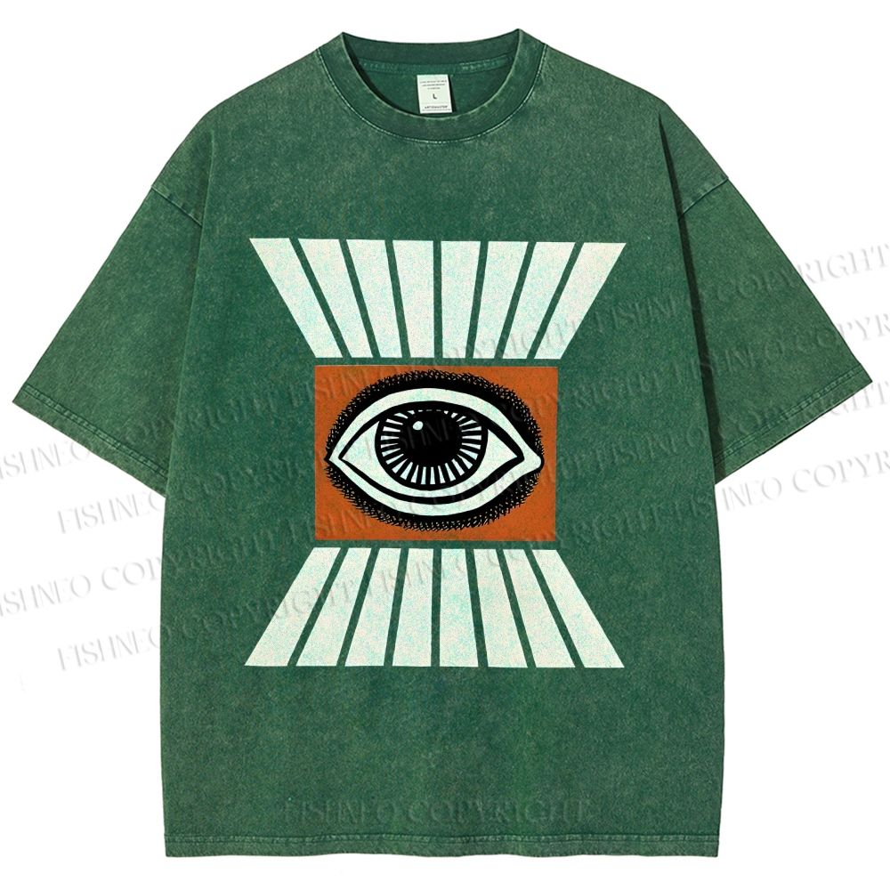 Unisex Vintage Abstract Geometric Eyes Printed Washed Tee