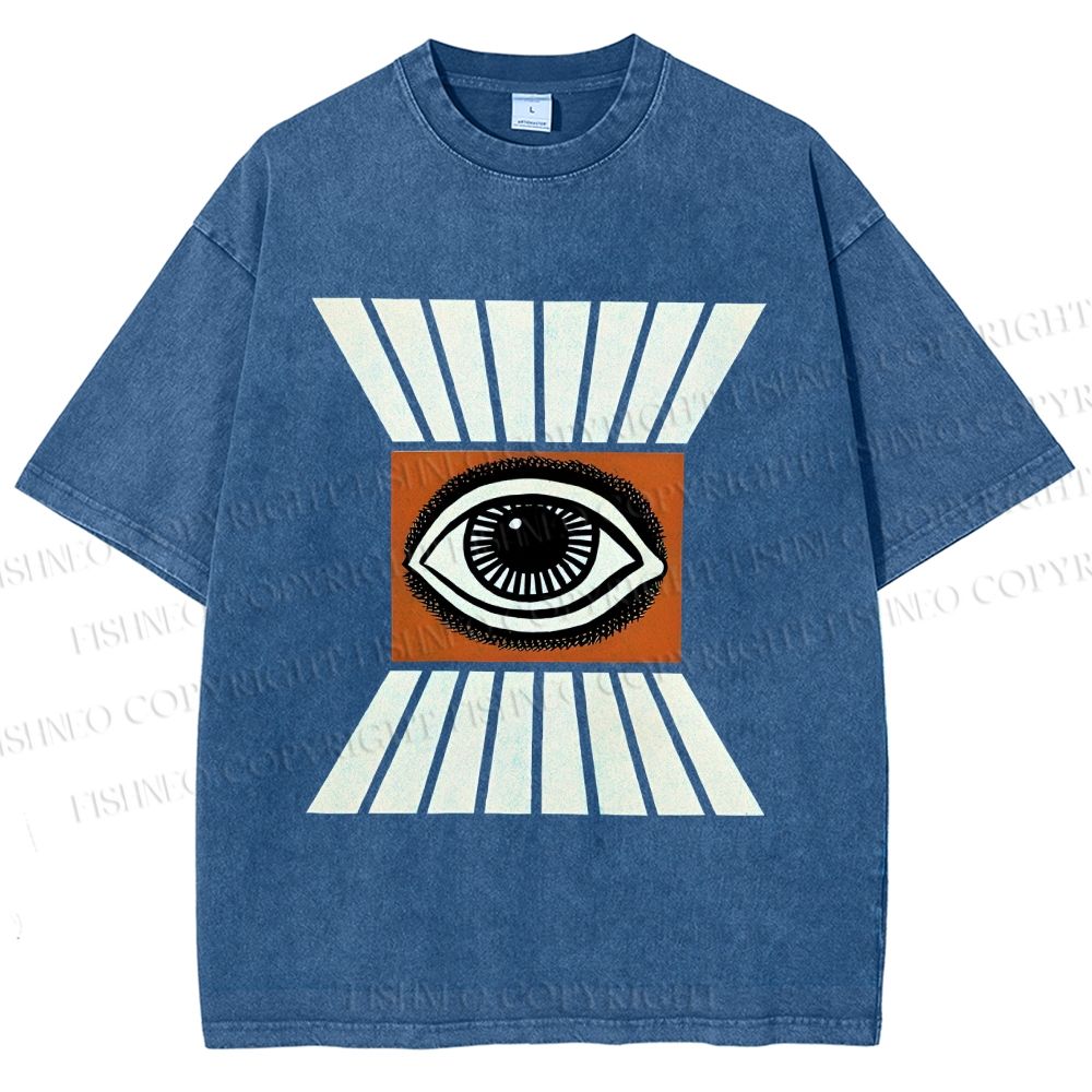 Unisex Vintage Abstract Geometric Eyes Printed Washed Tee