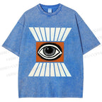 Unisex Vintage Abstract Geometric Eyes Printed Washed Tee