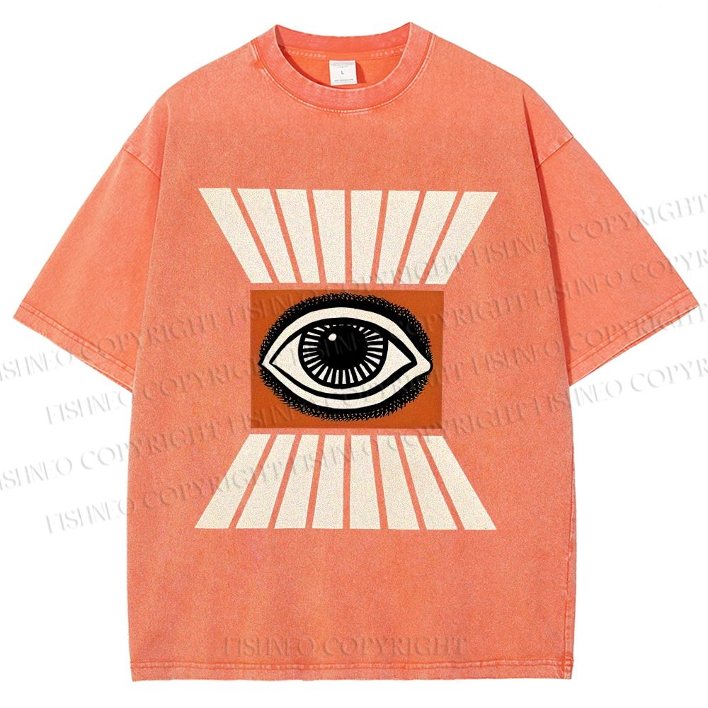 Unisex Vintage Abstract Geometric Eyes Printed Washed Tee