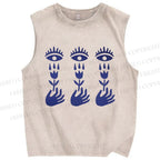 Unisex Artistic Hand Flower Eyes Printed Washed Tank Top
