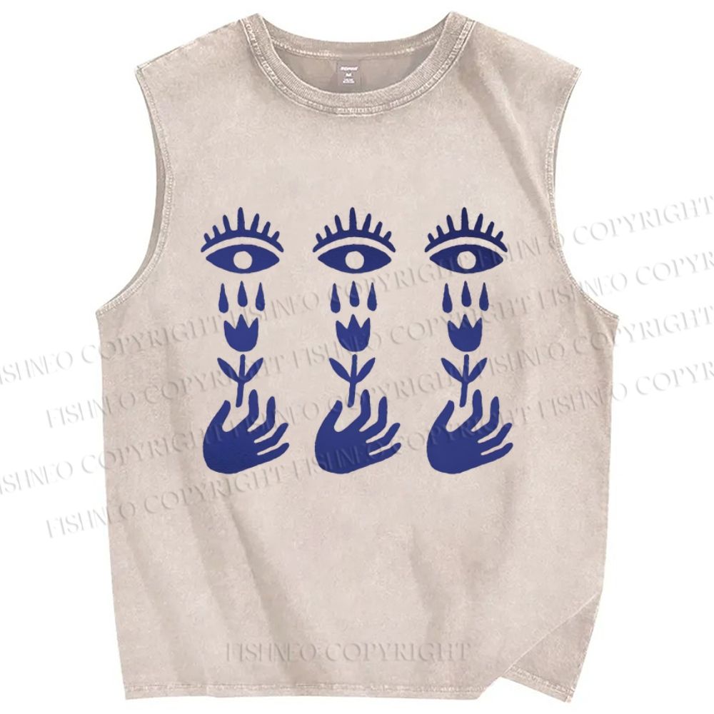 Unisex Artistic Hand Flower Eyes Printed Washed Tank Top
