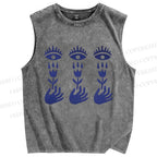 Unisex Artistic Hand Flower Eyes Printed Washed Tank Top