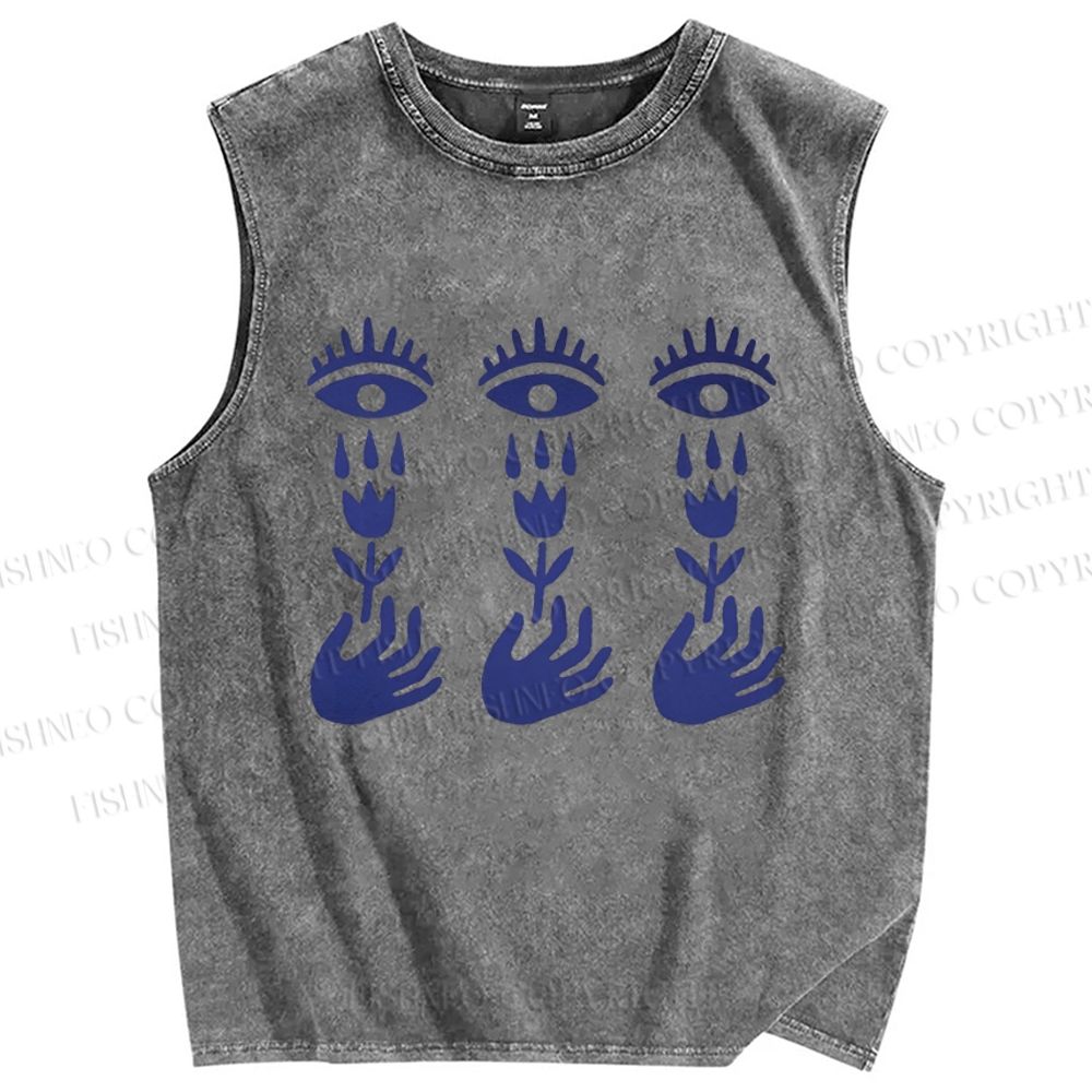 Unisex Artistic Hand Flower Eyes Printed Washed Tank Top