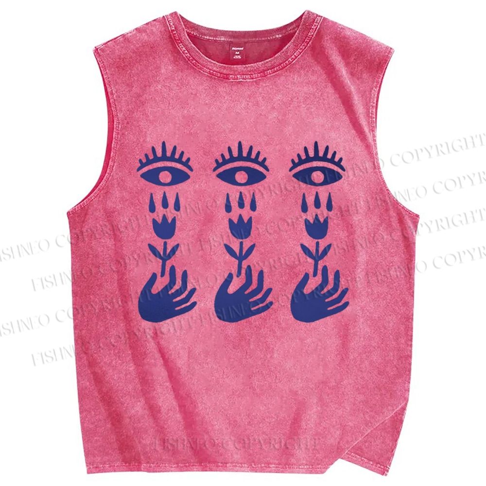 Unisex Artistic Hand Flower Eyes Printed Washed Tank Top