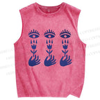 Unisex Artistic Hand Flower Eyes Printed Washed Tank Top