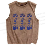 Unisex Artistic Hand Flower Eyes Printed Washed Tank Top