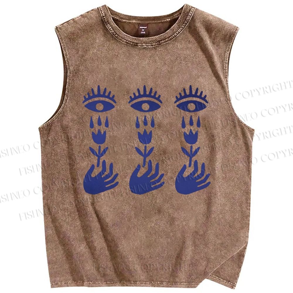 Unisex Artistic Hand Flower Eyes Printed Washed Tank Top