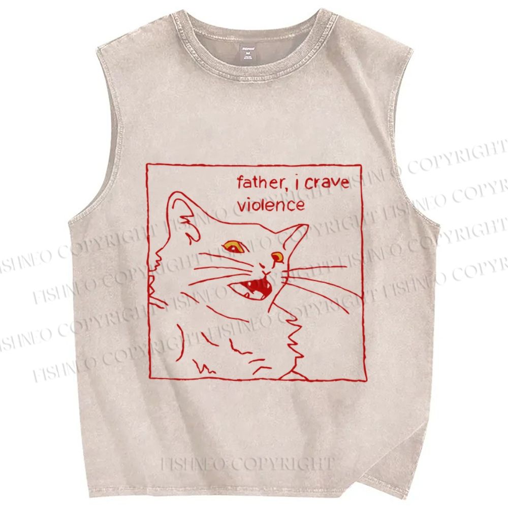 Unisex Evil Cat Crave Violence Printed Washed Tank Top