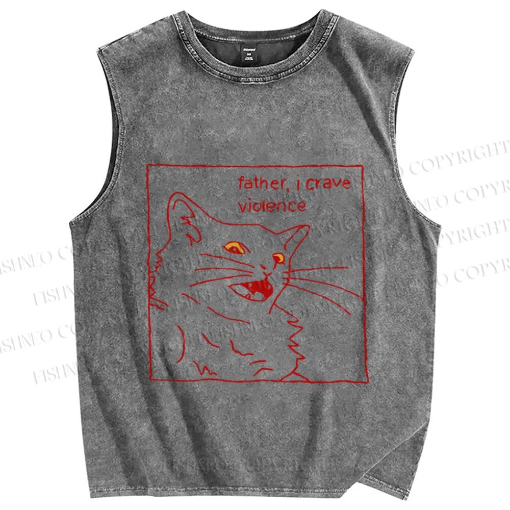 Unisex Evil Cat Crave Violence Printed Washed Tank Top