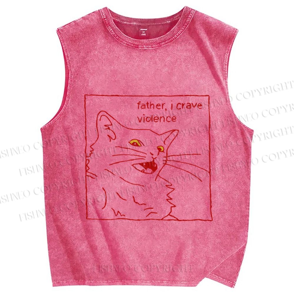 Unisex Evil Cat Crave Violence Printed Washed Tank Top