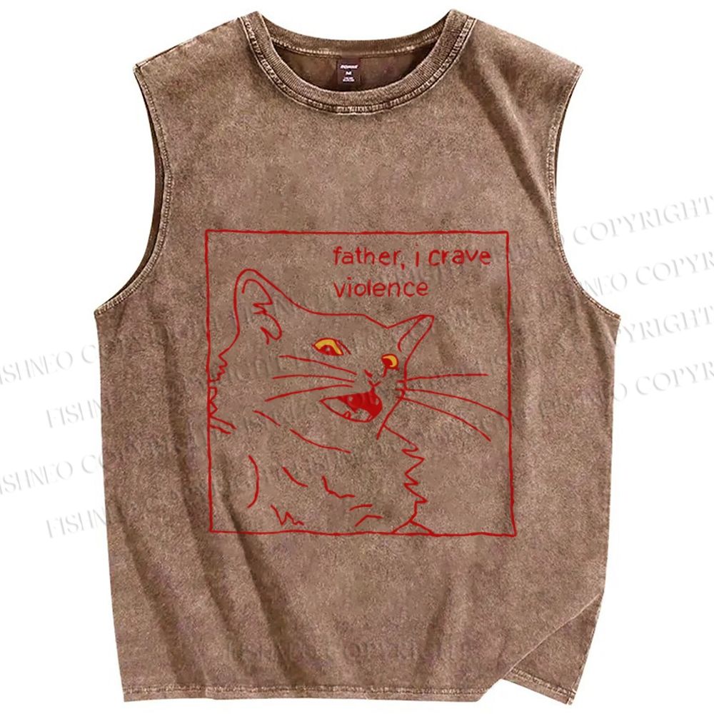 Unisex Evil Cat Crave Violence Printed Washed Tank Top
